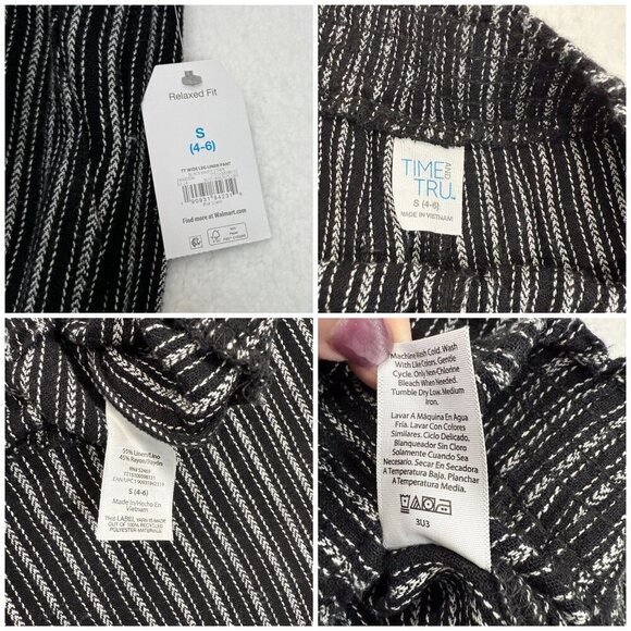 Time & Tru Linen Blend Wide Leg Pull On Pants Relaxed B&W Striped Boho Womens S - Picture 7 of 11